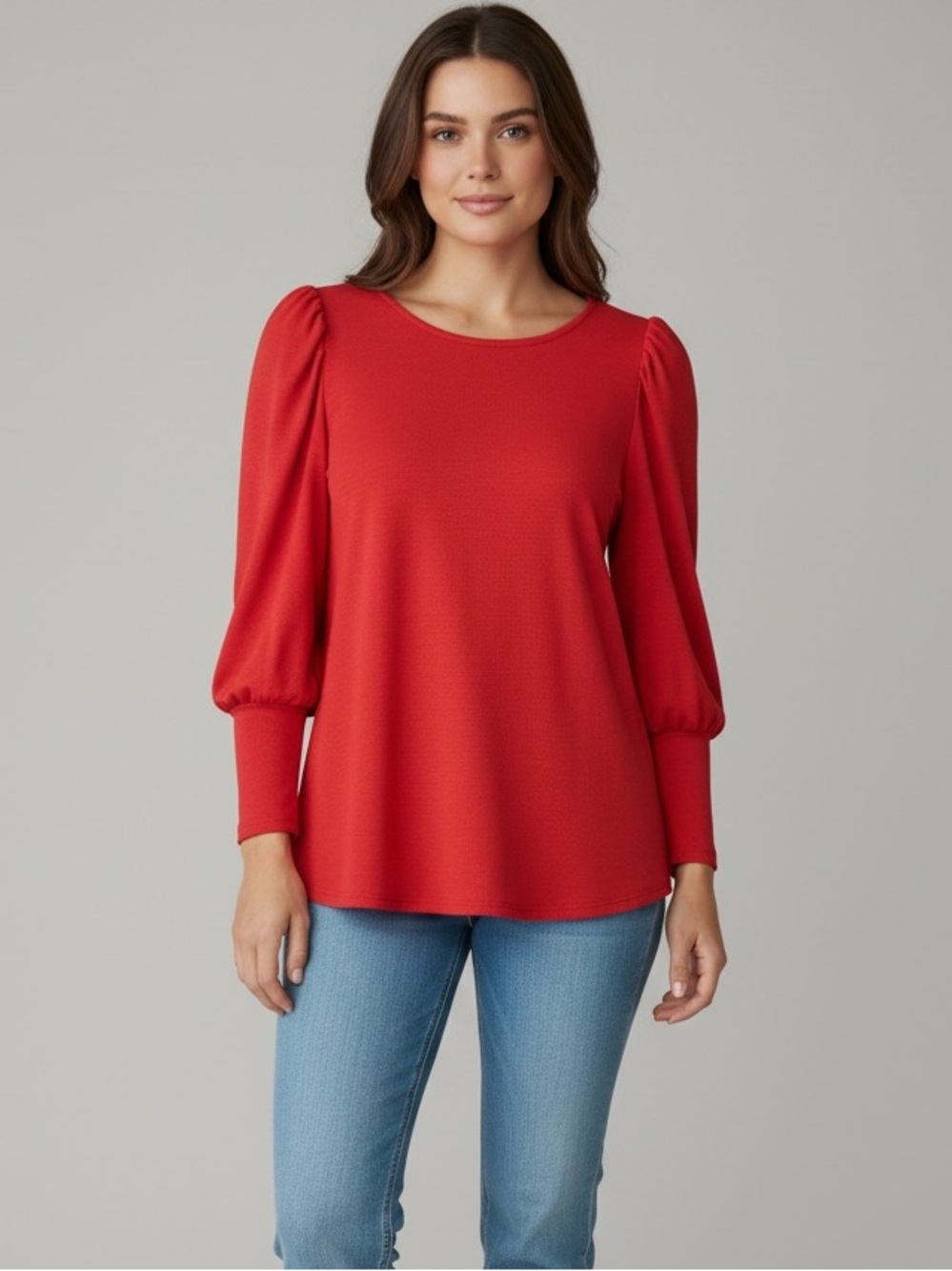 Amaryllis Red Puff Sleeve Knit Top Crew Neck Long Sleeve‎ Blouse large